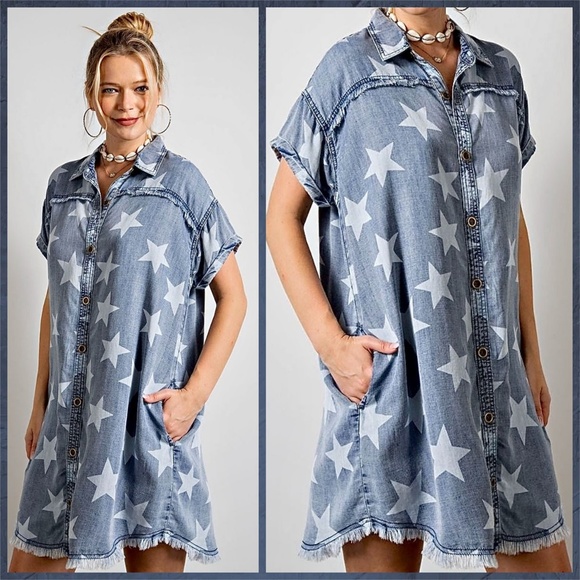 EASEL "Twinkle Star" Lightweight Cotton Denim Shirt Dress Button Up W/ Raw Seams - Picture 4 of 16